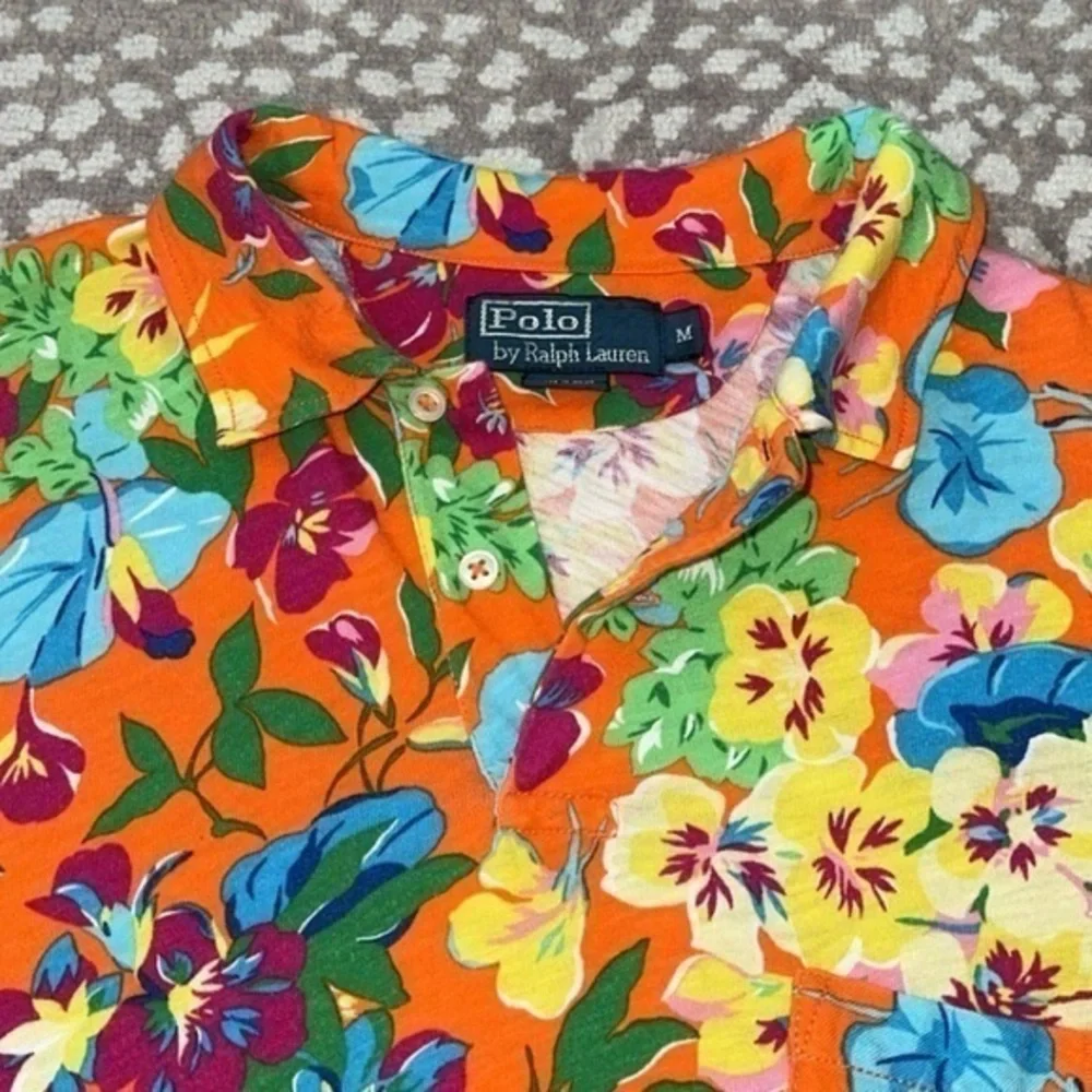 Ralph Lauren‎ Orange Cotton Floral Hawaiian Print Short Sleeve Polo Shirt Medium